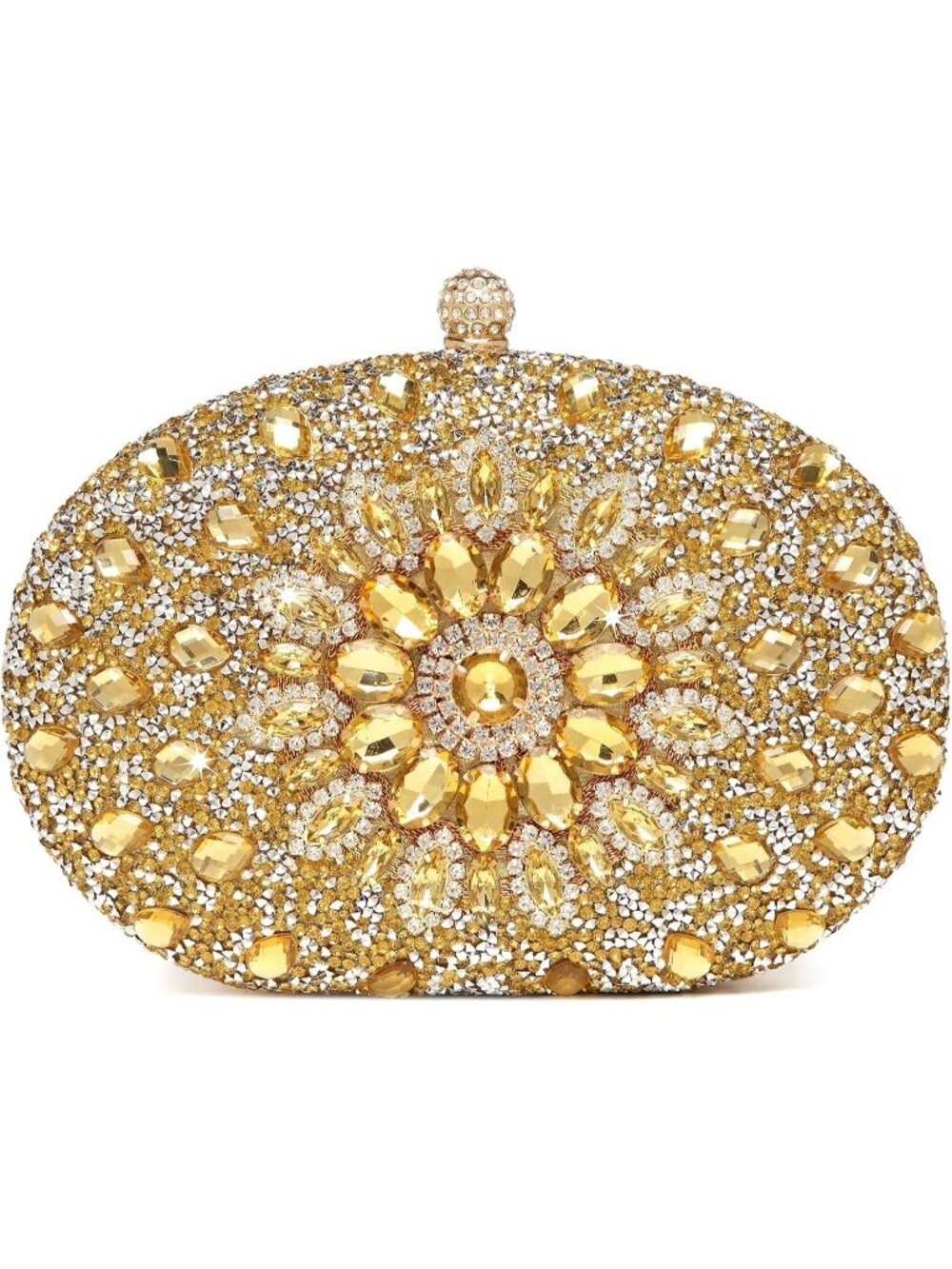 Womens Oval Golden Sparkly Rhinestone Clutch Purse Wedding Evening Bag